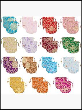 30pc Silk Brocade Drawstring Jewelry Pouches Set Vintage Embroidery Gift Bags